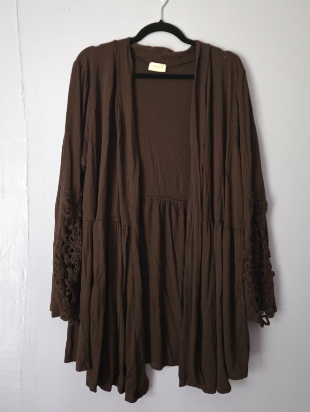 Hailey & Co Brown Open-Front Crochet Sleeve Cardigan
